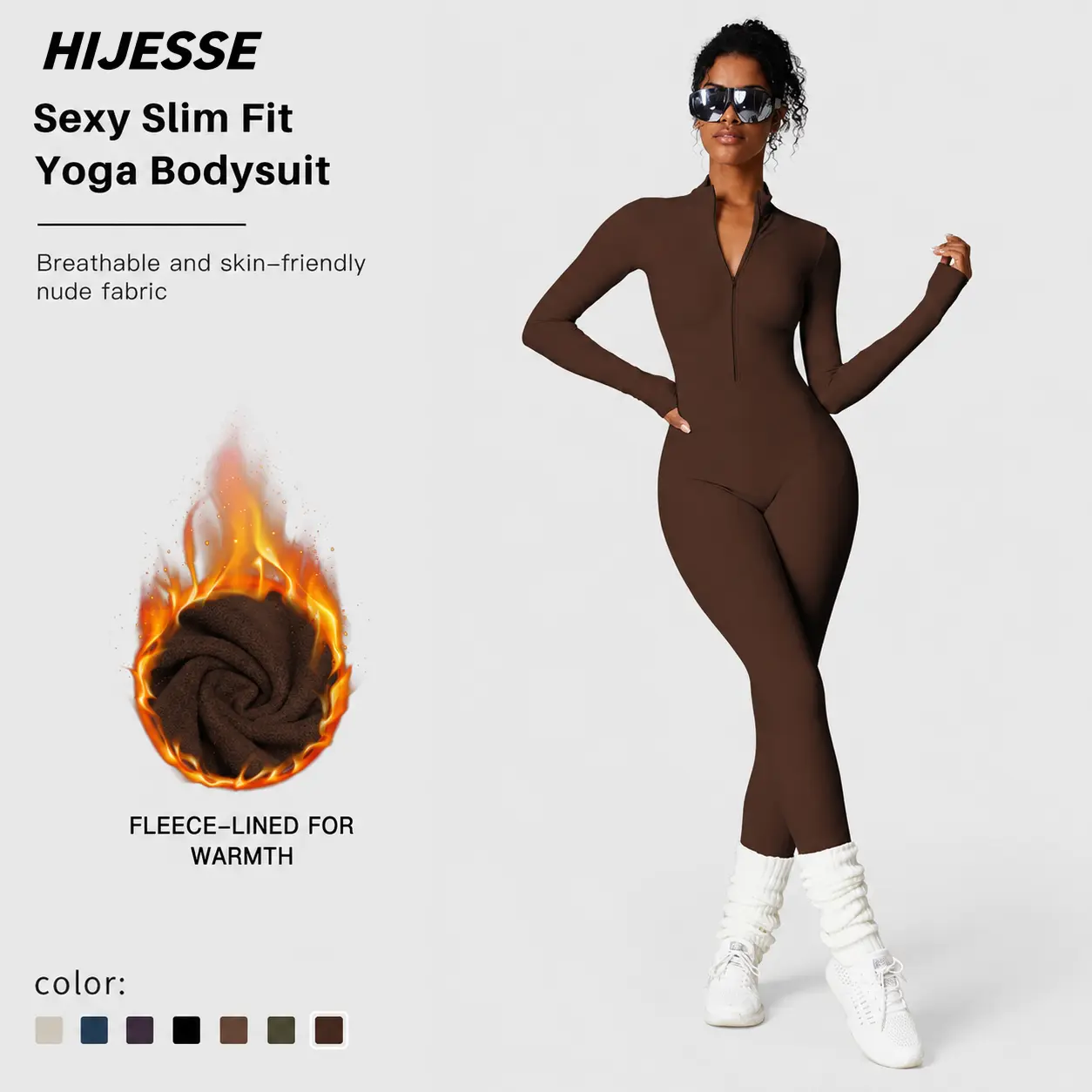 HIJESSE Women’s Fleece-Lined Long-Sleeve Jumpsuit – Thermal Zip-Up One-Piece Bodysuit with Double-Brushed Stretch Fabric for Gym, Yoga, Lounge & Fall Winter Casual Wear