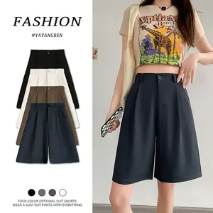 American style trendy design suit shorts for women high waist summer new slim casual wide leg ice silk five-point pants