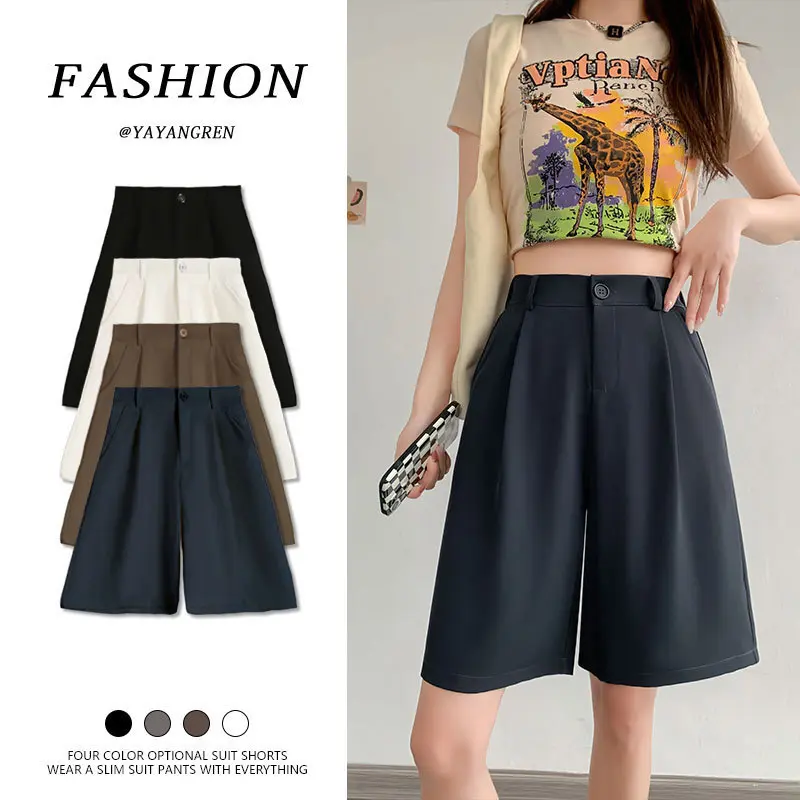 American style trendy design suit shorts for women high waist summer new slim casual wide leg ice silk five-point pants
