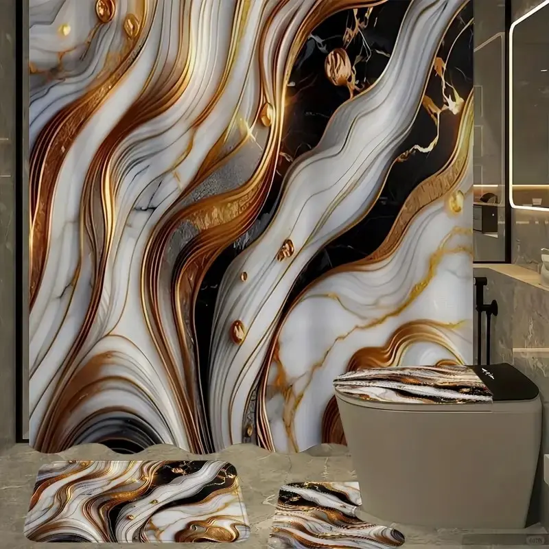 1/4 pcs white gold marble pattern shower curtain set, Decorative Shower Curtain, Shower Essentials, non-slip floor mat, U-shaped carpet, toilet lid cover, perfect for bathroom decoration, partition, free 12 shower curtain hooks
