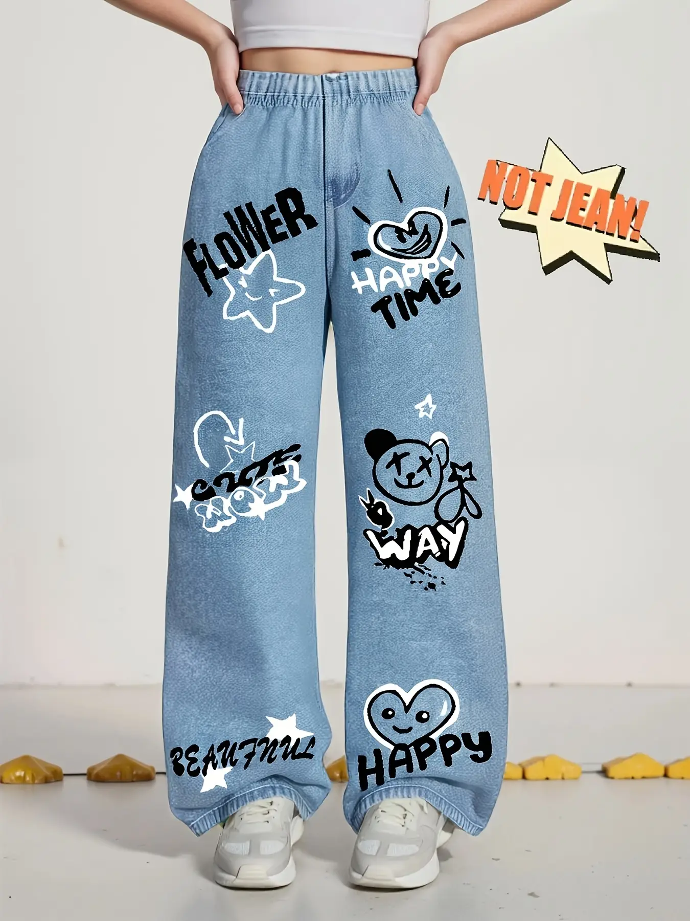 Girls Butterfly Print Denim Effect Pants for Spring and Summer, Casual Fitted Style, Moderate Thickness Fabric, Stylish Border Print Design