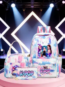 K-Pop Cartoon Student Backpack For School Set, Large Capacity Shoulder Bag, Lunch Box, Pencil Case, Casual Canvas Material, All Seasons