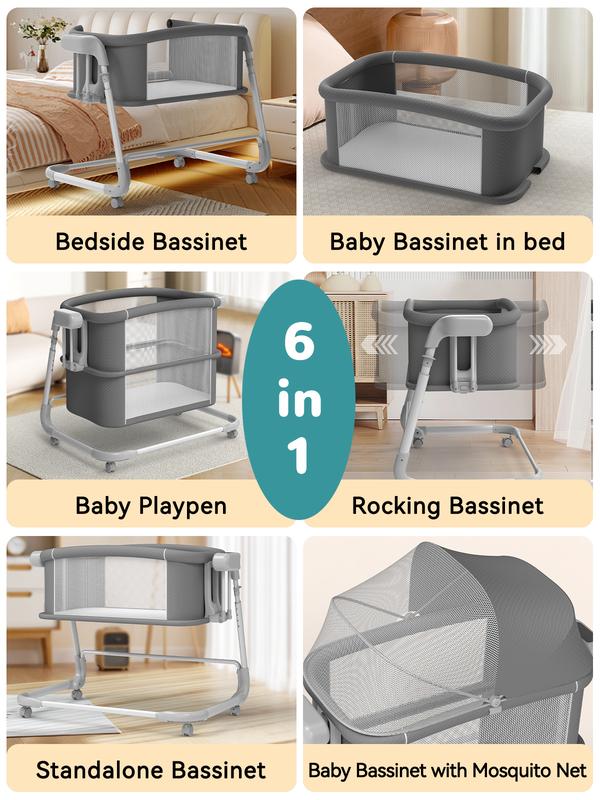 Electric Rocking Bassinet for Baby – Automatic Bluetooth-Enabled Smart Crib with Wheels, 4-Height Adjustable Bedside Sleeper, 5-Speed Swing for Newborns & Infants