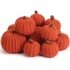 12-Pack Crochet Pumpkins Fall Decor Handmade Knit Pumpkin Set 2.36 3.15 4 Dark Orange Farmhouse Thanksgiving Halloween Autumn Decorations