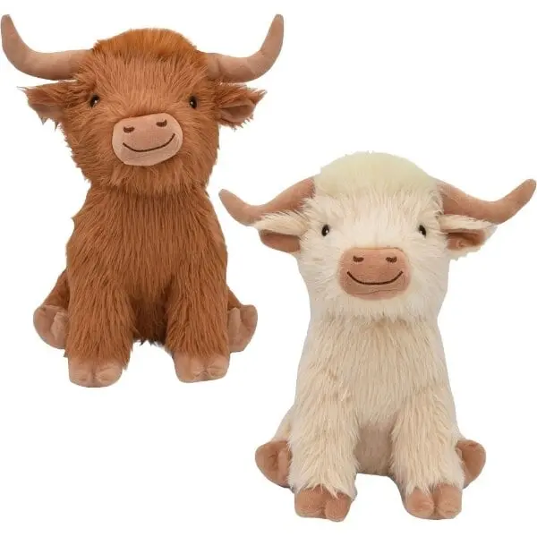 Multipet 37468 Plush Dog Toy - 18 in. Brown Highland Cow Design, Scottish Farm Animal with Long Horns, Shaggy Texture