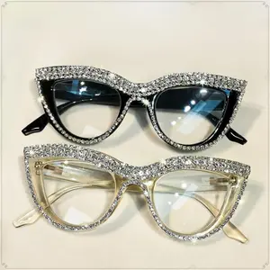2pcs Diamond Blue Light Blocking Glasses Cat Eye Rhinestone Women Oversized Anti Eyestrain Computer Glasses Frame