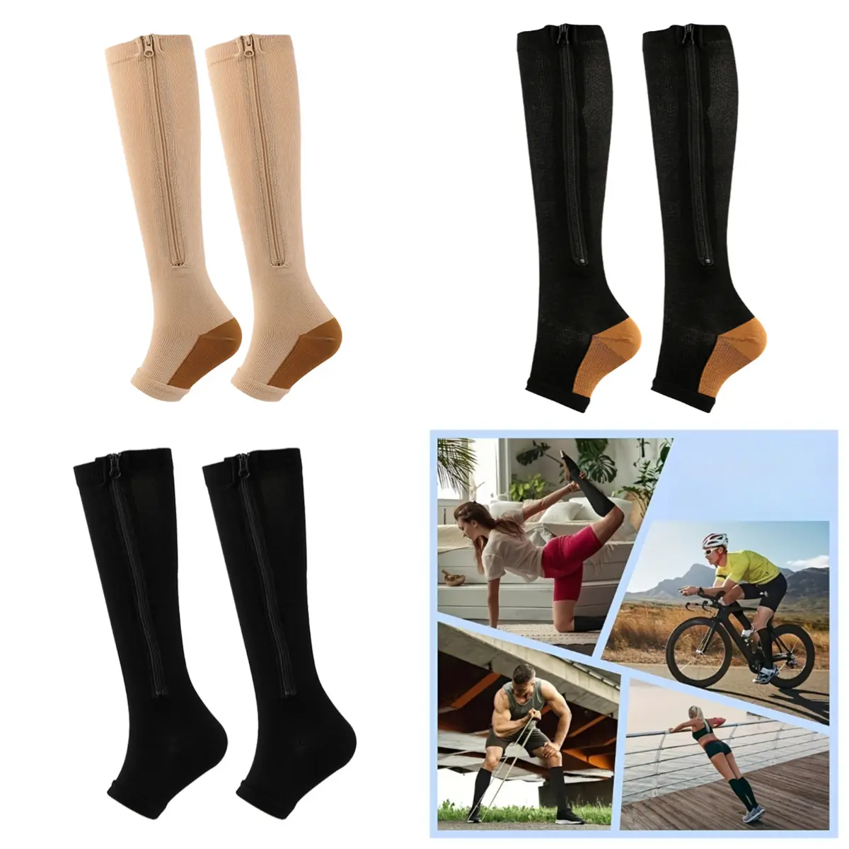 3PC Zipper Compression Socks for Women Men Support Hose Stockings Calf Knee High Running Walking Open Toe Compression Stockings Work Out