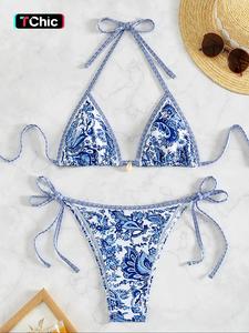 women's all over print tie back bikinis set, chic halter neck swim bra & tie side swim thong, ladies swimsuit for summer beach holiday vacation, valentine's day gift