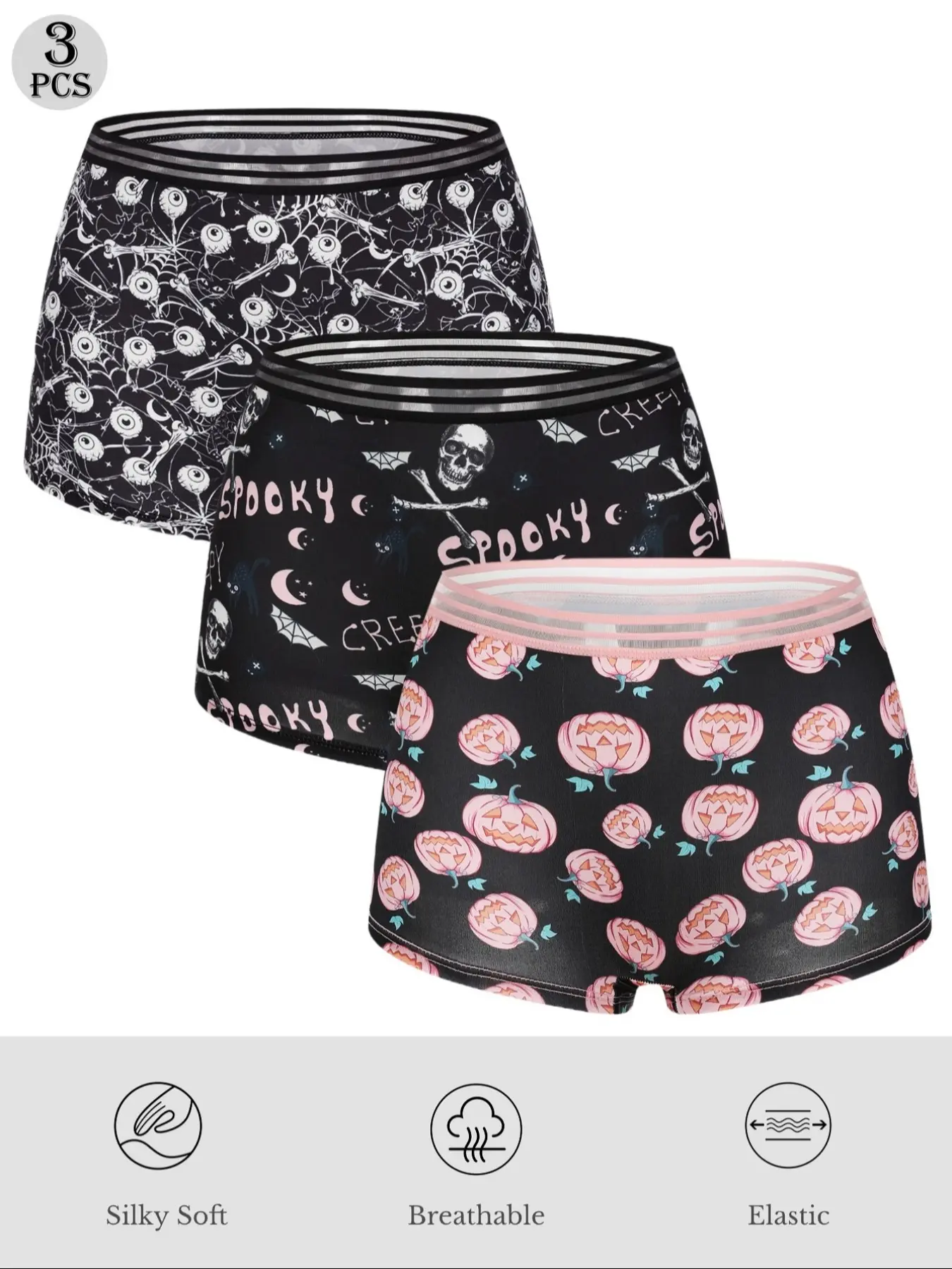 Morvia 3pcs Women Gothic Halloween Skulls Print Contrast Binding Boyshorts, Comfy & Sofy & Elastice Waist Intimates Panties, Women's Lingeries & Underwear, Fashion Comfy Underwear, Contrast Binding Panty