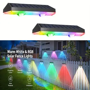 Solar Fence Lights Outdoor RGB IP66 Waterproof LED Deck Light Dusk to Dawn for Wall Railing Step Patio Pool Backyard Outside with 5V 0.65W Solar Panel 3000K 4500K 6500K Color Temperature