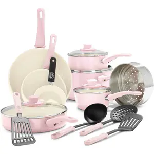 GreenLife 16 Piece Nonstick Cookware Set, Soft Grip PFAS-Free Ceramic Pots & Pans, Dishwasher & Oven Safe, Frying, Sauce, Saute, Utensils, Glass Lids, Stay-Cool Handles, Wobble Free, Pink