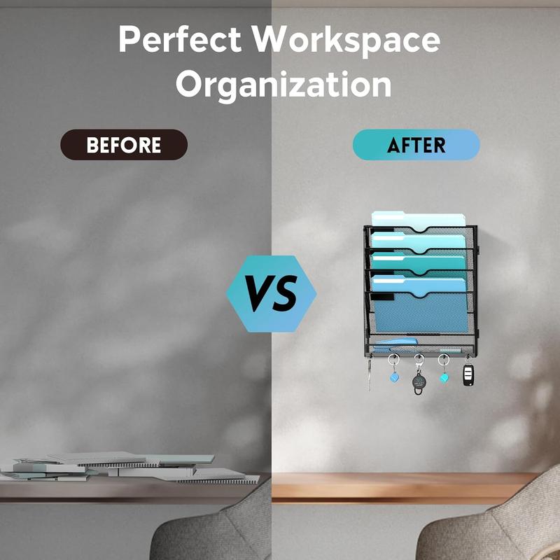 F-SBB52  Wall File Organizer with 5 Hooks 5 Tier Hanging File Organizer, Vertical Wall Mount Mail Organizer for Papers, Folders, Magazines, Bills, Office&School Organization, Black