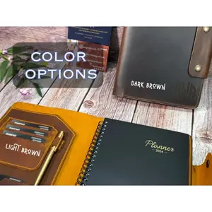 2025-26 Planner Personalized Leather Cover with Gold Pen Custom Engraved Leather Gift Spacious Weekly Monthly Spreads Dark Brown Light Brown Options