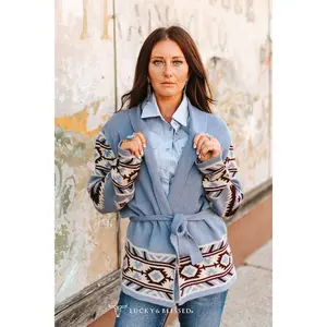 Blue Grey Aztec Knit Sweater Cardigan W Side Pockets