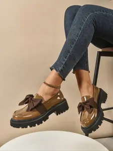 Women's Cute Bow Design Loafers, Fashion Slip-On Casual Shoes, PU Leather Comfortable Footwear for Daily Wear, Bowknot Design Loafers