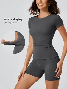 Women's High Stretch Fitted Home Set, Short Sleeve & Three-Quarter Pants, Yoga Running Multi-Scene, Spring & Fall Casual Wear, Athleisure Wear Set, Workout Running Outfits, Gym Athletic Clothes