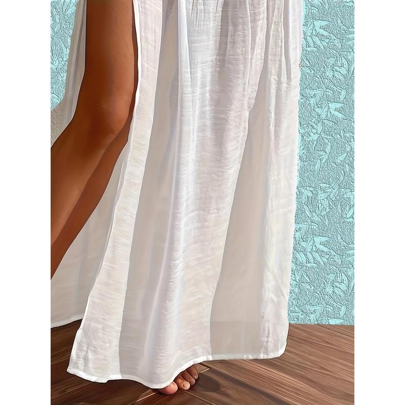 Vibrant Solid Color Shirred Waist Maxi Coverup Skirt - Flowy, Split Thigh,Summer Bottom Basic Chic Elegant Womenswear Minimalist White Vibrant Solid Color Shirred Waist Maxi Coverup Skirt - Flowy, Split Thigh,Summer Bottom Basic Chic Elegant Womenswear Minimalist White