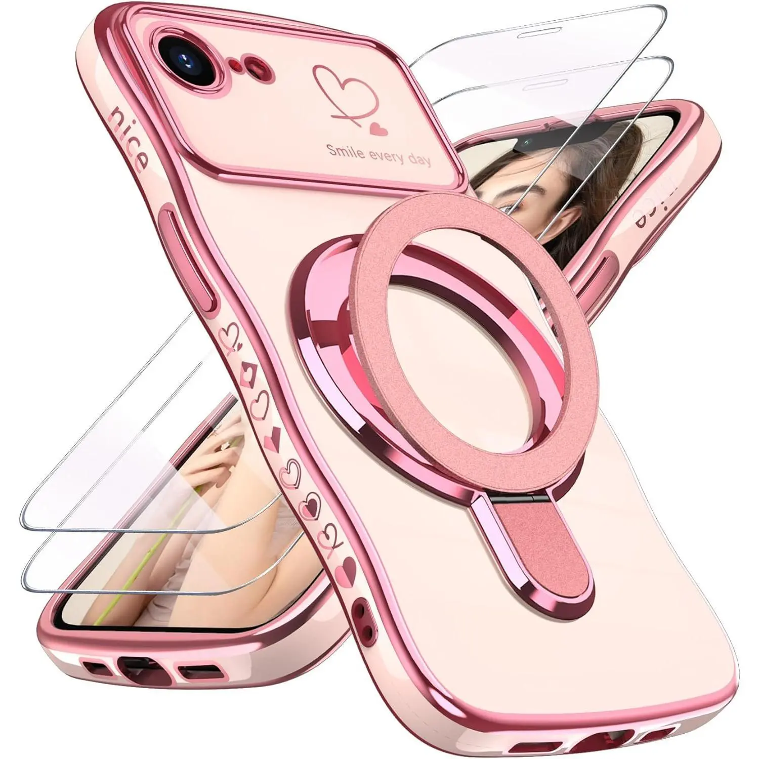 Love Heart Kickstand Protective Phone Case with 2X Screen Protector for iPhone 17e/16e 6.1" (Pink) - Luxury Plated Gold Edge, Slim Soft TPU, Shockproof Casing, Cellphone Accessories