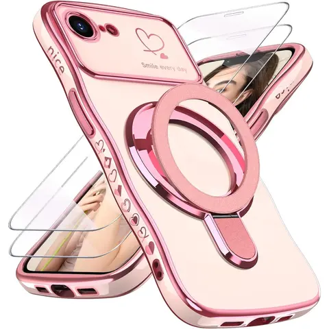 Wavy Love Heart Kickstand Protective Phone Case for iPhone 17E/16E, Luxury Gold-Plated Edge, Slim Soft TPU Shockproof Cover with 2X Screen Protector, Pink Phone Accessories