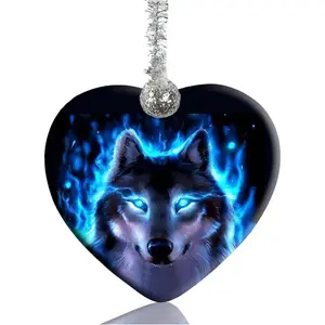 Magical Wolf Blue Ceramic Ornament Christmas Ornaments Holidays Ornaments Creative Heart Porcelain Ornament Christmas Tree Home Decoration, Magical Wolf Blue