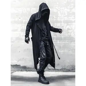 Men's Hooded Cape Coat Cyberpunk Street Street Casual Style Open Front Jacket with Rope Decoration, for Daily and Holiday Wear Halloween Eid Role-playing