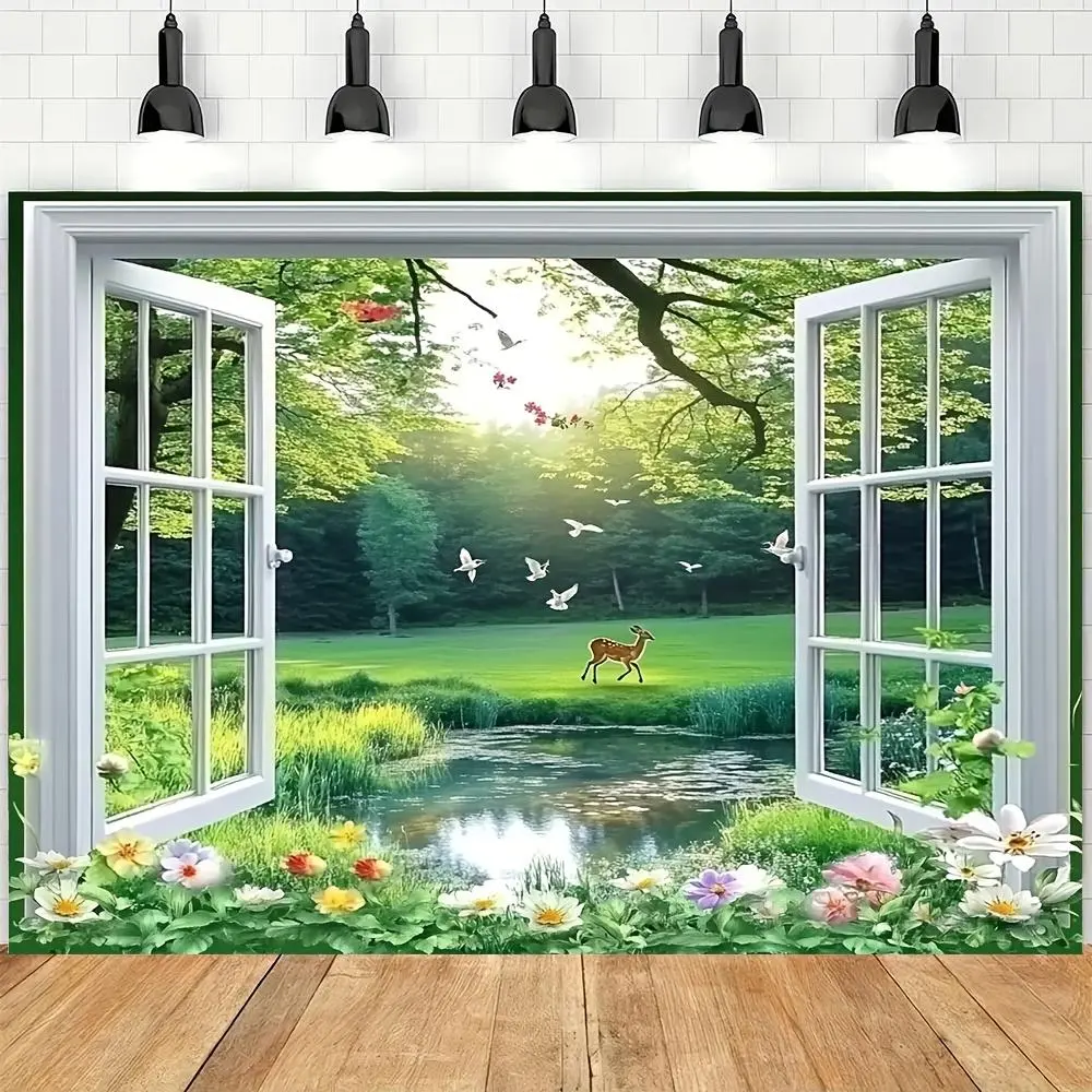 1pc 2D Flat Spring Forest Scene Polyester Fabric Wall Hanging, Hangable Hanging Room Decor, No-Electricity Home/Festive Supply, Ideal for Photo Booths & Seasonal Accents