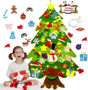 Felt Christmas Tree for Toddlers, 3.2FT DIY Wall Xmas Tree with 32 Ornaments and LED Lights, Educational 3D Fake Tree for Kids Home Door Window Decor (Merry Christmas)