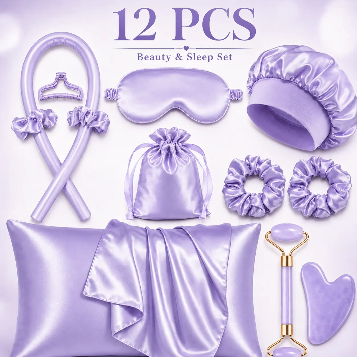 Girls' 12-Piece Satin Sleep & Beauty Kit - No-Heat Overnight Curling Hair Rollers, Pillowcase, Eye Mask, Face Roller for Damage-Free Big Waves, Soft Haircare Set, Ideal Self-Care Gift for Christmas, Valentine's Day