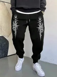 Men's Trendy Dark Aesthetic Metal Core Graphic Sport Pants, Main Color with Drawstring Cuff Design, Comfortable Versatile Casual Wear