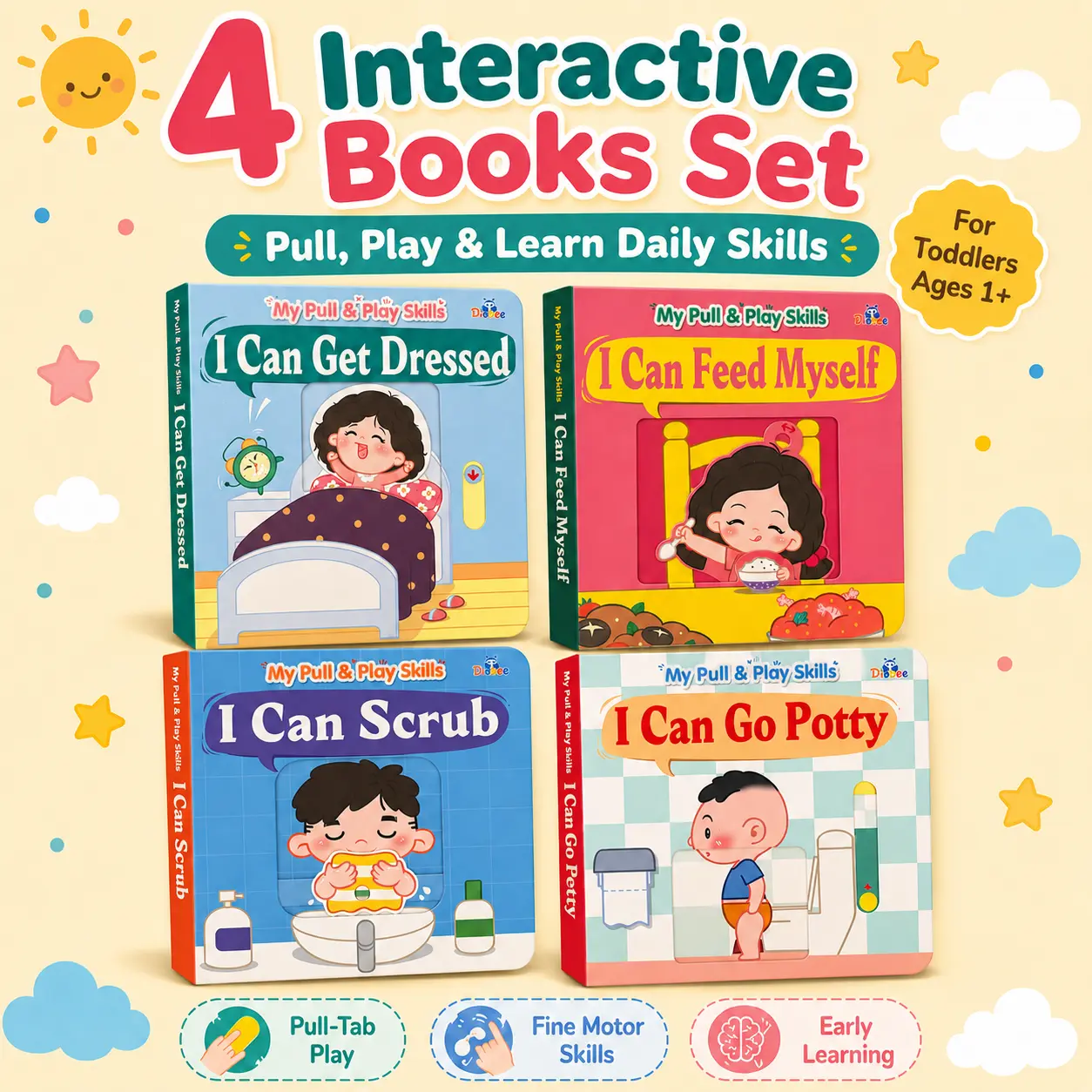Diobee My Pull & Play Skills Board Book Set - 4 Interactive Pull-Tab Early Learning Books for Toddlers Ages 1+, Focused on Daily Routines, Self-Care, Fine Motor Skill Development