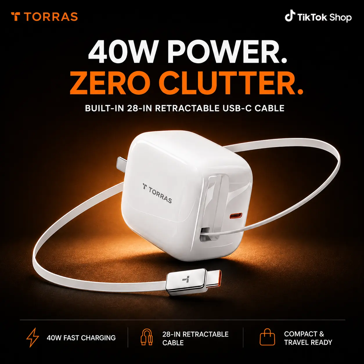 TORRAS FlexLine 40W Fast Charging USB-C Wall Charger, Dual-Port, Retractable Built-In 28" Cable, Compact Foldable Plug, Advanced GaN Power Adapter, for iPhone 17/16/15 Series, MacBook, Airpods, and More, Perfect for Travel  summerwins A