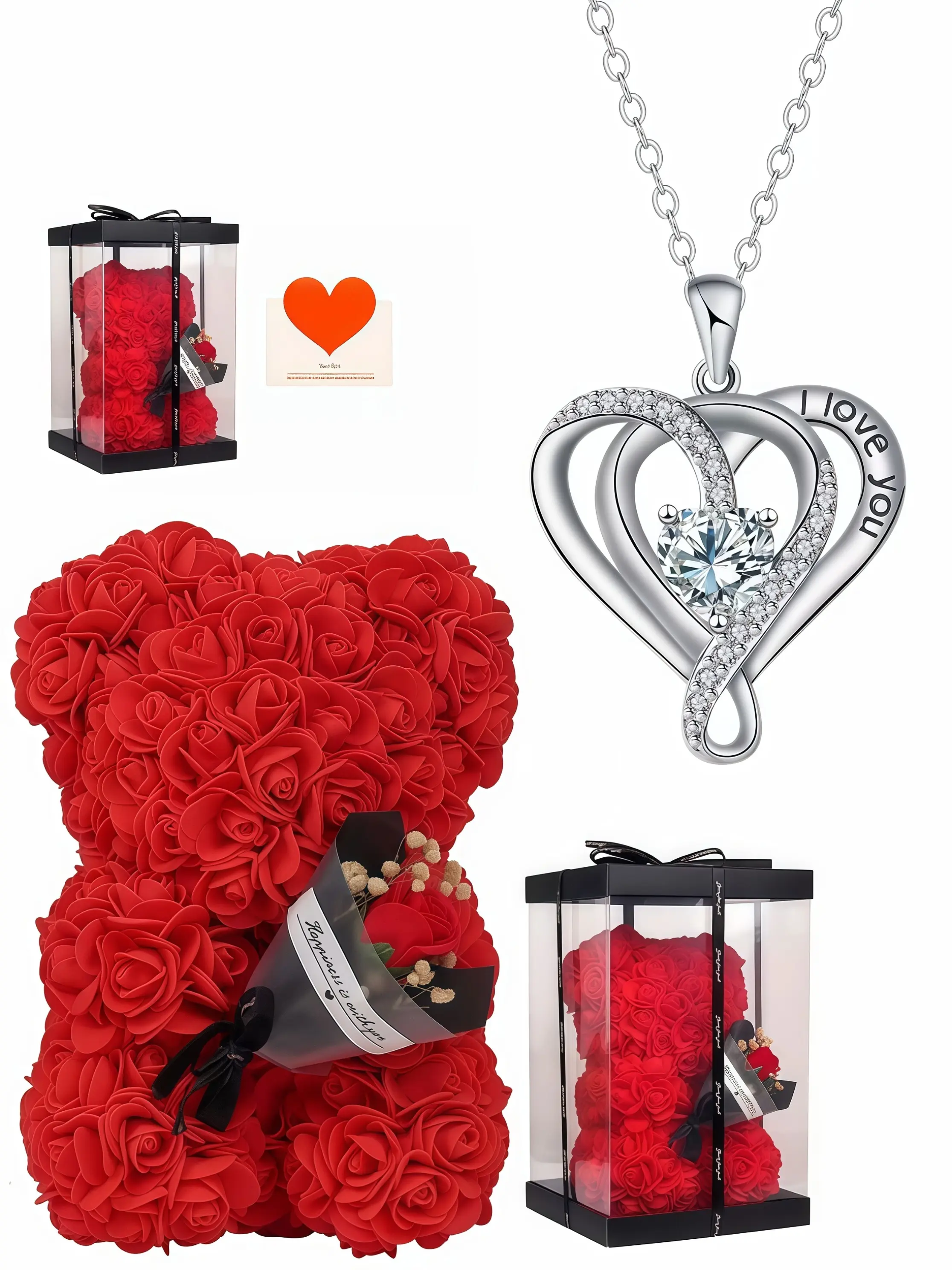 Shimmering Heart Necklace, Dainty Necklaces, Fashionable Twin Hearts 'i Love You' Gemstone Pendant, Eternal Rose Teddy Bear Gift Box, Perfect for Special Occasions, Exquisite Jewelry Gift