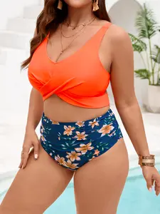 2026 Plus Size High Waisted Bikini Set for Curvy Women, Orange Twist Front Crop Top with Navy Floral Ruched Bottom, Tummy Control Bathing Suit with Removable Pads, Elegant Summer Swimwear for Beach Pool Vacation