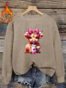 Sweet Cute Bow Heart Cow Print Women's Fall Winter Valentine's Day Round Neck Fitted Faux Fur Top, Soft Adorable Inner Layer, Romantic Casual Daily Wear Womenswear