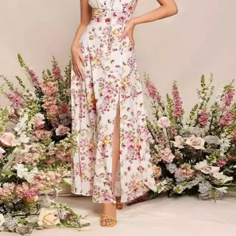 Women's Ditsy Floral Print Dress, Elegant Chic Boho Sleeveless Drawstring Dress for Beach Holiday Vacation, Ladies Summer Clothes, Bohemian Boho Chic, Womenswear