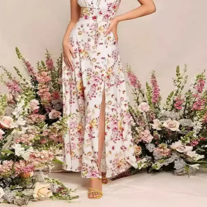 Women's Ditsy Floral Print Dress, Elegant Chic Boho Sleeveless Drawstring Dress for Beach Holiday Vacation, Ladies Summer Clothes, Bohemian Boho Chic, Womenswear