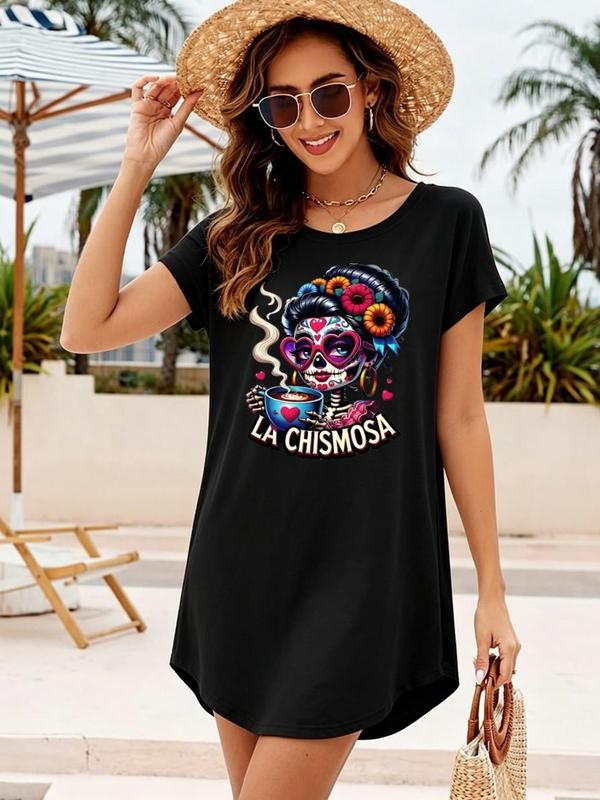 Women's Woven Sassy Day of the Dead Sugar Skull Floral Print Graphic Tunic Dress - Short Sleeves, Crew Neck, Breathable Fabric, Loose Straight A-Type Fit, Retro Mexican Style, Do Not Iron, for Beach Vacation, Evening Party