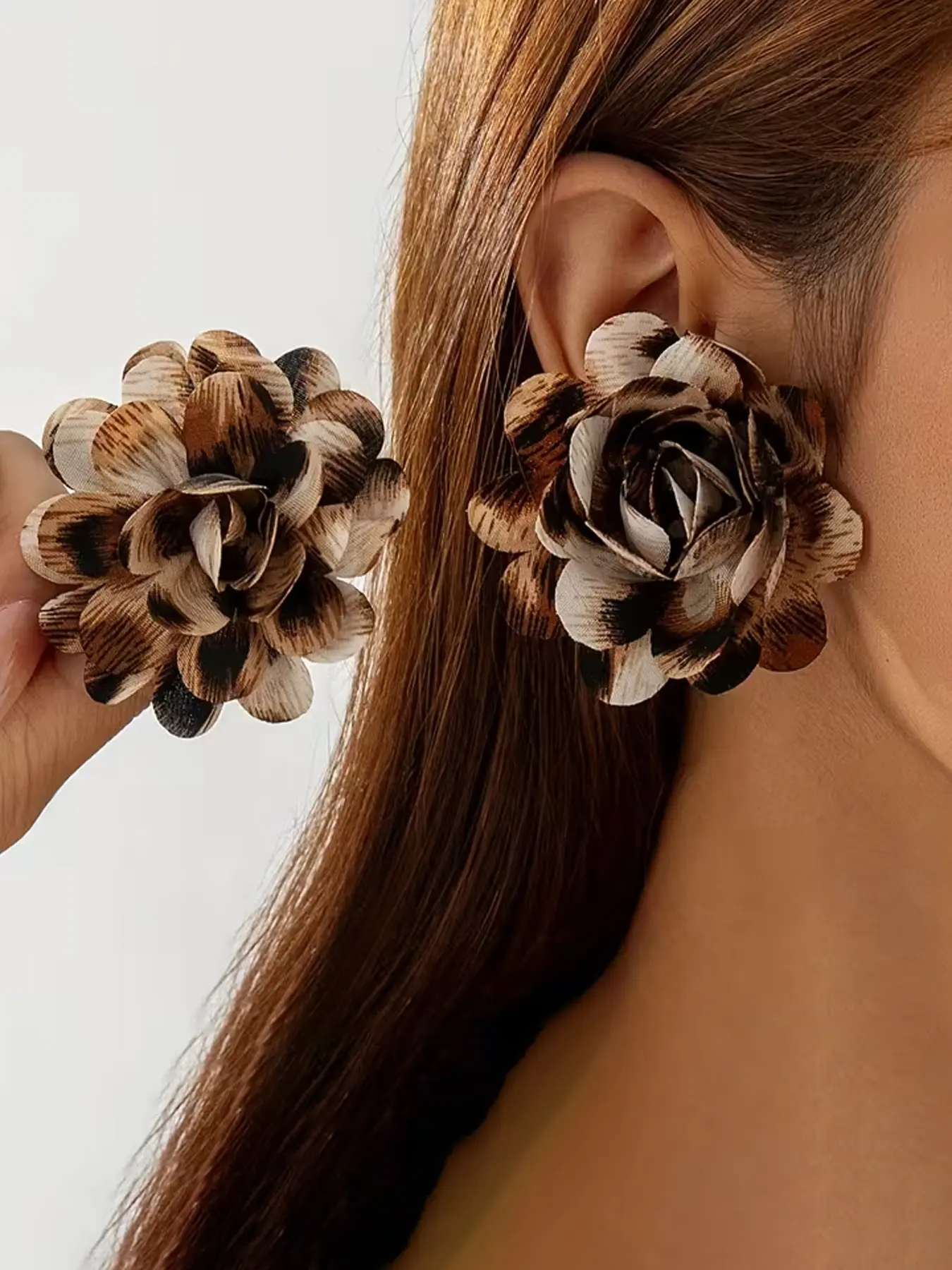 Fashionable Vintage Polyester Faux Leopard Print Floral Pendant Earrings, Stud Earring Jewelry, Elegant Multi-Layered Three-Dimensional Studs, Perfect for Parties & Gifts, Earring Stacks