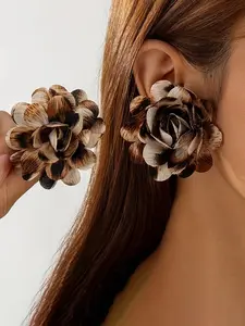 Fashionable Vintage Polyester Faux Leopard Print Floral Pendant Earrings, Elegant Multi-Layered Three-Dimensional Studs, Perfect for Parties & Gifts