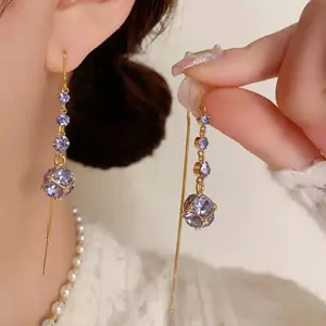 LisiZen Purple Crystal Ball Threader Earrings 14K Gold Plated Sparkling Long Chain Drop Design, Chic Fashion Jewelry Statement Earrings for Women DZEH2320