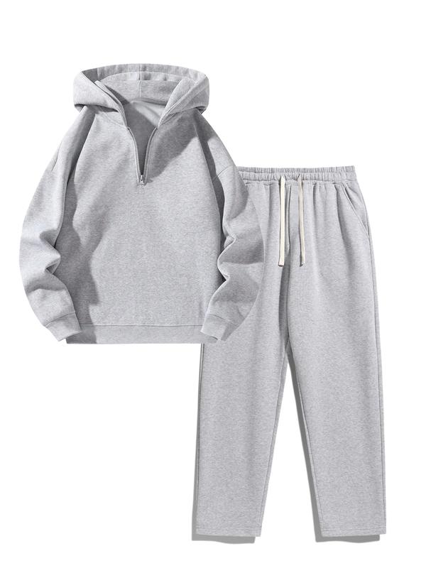 Autumn And Winter Two Piece Set Men'S Solid Color Casual Sports Suit, Half Zip Up Hooded Sweatshirt With Drawstring Waist And Pockets, Straight Leg - Fleece Lined, Warm Autumn Winter Outfit