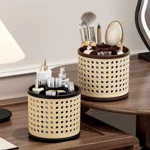 Vintage Style Rotating Makeup Tool Organizer for Lipsticks and Eyeshadows, Large Capacity Cosmetic Brush Holder, Stylish Desktop Storage Solution