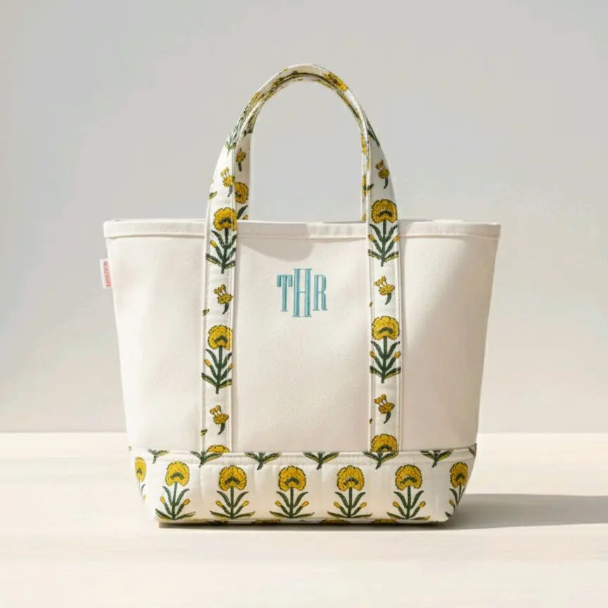 Canvas Tote Bag with Block Print Design Bridesmaid Gifts Bridal Showers Personalized Bags Travel Bag Hand Block Printed Floral Design Quilted Cotton Boho Style Tote Bag for Baby Showers Beach Days & Summer Travel