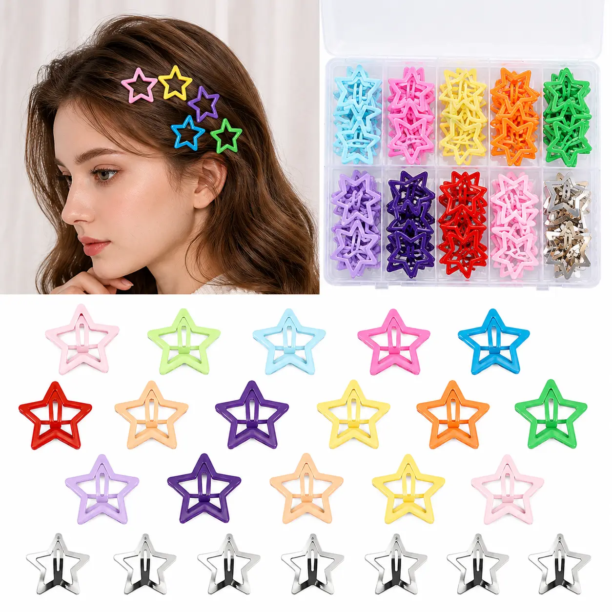 55PCS Star Hair Clips for Girls & Women, Colorful Metal Snap Hair Barrettes, Cute Star Hair Accessories for Daily Hairstyles, Parties & Events