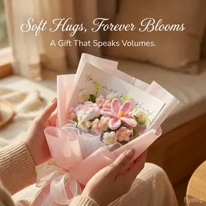 Handmade Crochet Flower Bouquet with Greeting Card and Gift Bag, Artificial Knitted Roses and Lilies, Perfect for Mother's Day, Wedding, Anniversary, Birthday, Valentine's Day