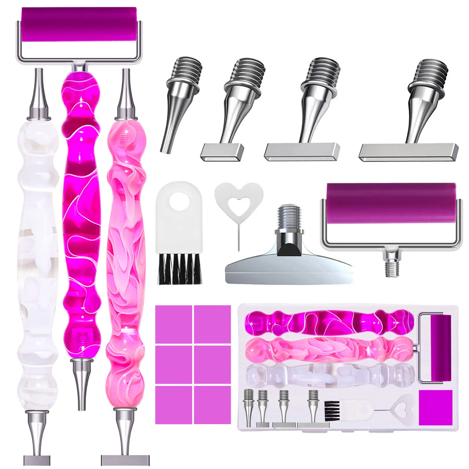 ZYNYXY 17PCS Ergonomic Diamond Art Pen Kits - Multifunctional Stainless Steel Screw Pen with 1,3,6,9 Thin Tips, Correction Placers, Roller Accessories (Purple, Pink, White + 5 Extra Tips)