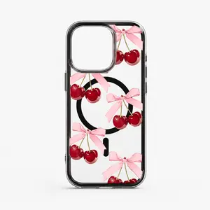 Cute Cartoon Ribbon Bow Cherry Transparent 2-Color Macaron 2-in-1 Anti-Drop Premium Smartphone Cellphone Case, Phone Accessories Protector Shell, Suitable for iPhone 11 12 13 14 15 16 17 Pro Max Air Plus, Ideal for Friend Birthday Gifts Shockproof Protect