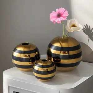 High-Quality Gold Stripe Ceramic Ball Vase, Modern Ceramic Vase, Decorative Water-Fillable Vase for Entryway Living Room, Home Decor Accessory, Flower Arrangement Centerpiece, Home Decoration