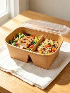 Zero Home 10-Pack Disposable Kraft Paper Double-Compartment Bento Boxes with Lids, Biodegradable Takeout Food Containers for Home & Party Use (Home Supplies, Festive & Party Supplies, Disposable Tableware)