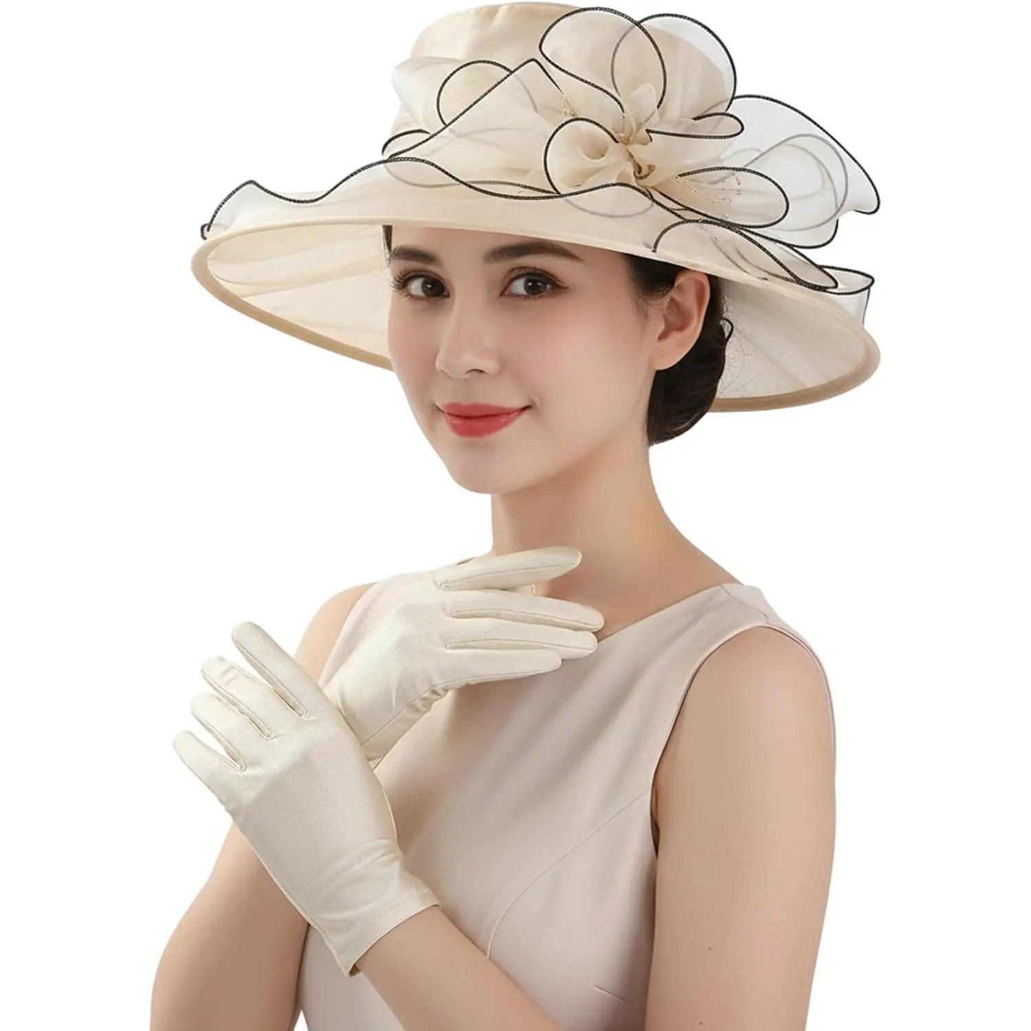 Women Organza Derby Hat with Gloves, Wide Brim Church Tea Party Fascinator Hats for Funeral Wedding Bridal Shower2026
